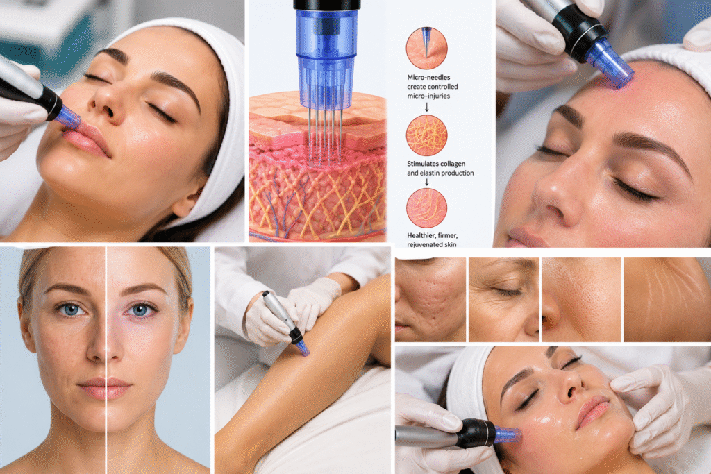 Woman receiving microneedling facial treatment for wrinkles and fine lines